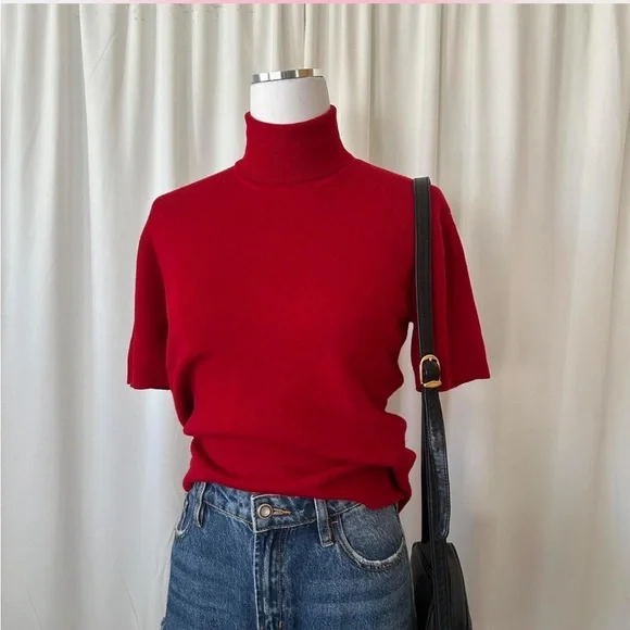 Vintage 1990s Red Jones New York Wool turtleneck sweater short sleeve large. - Picture 5 of 8